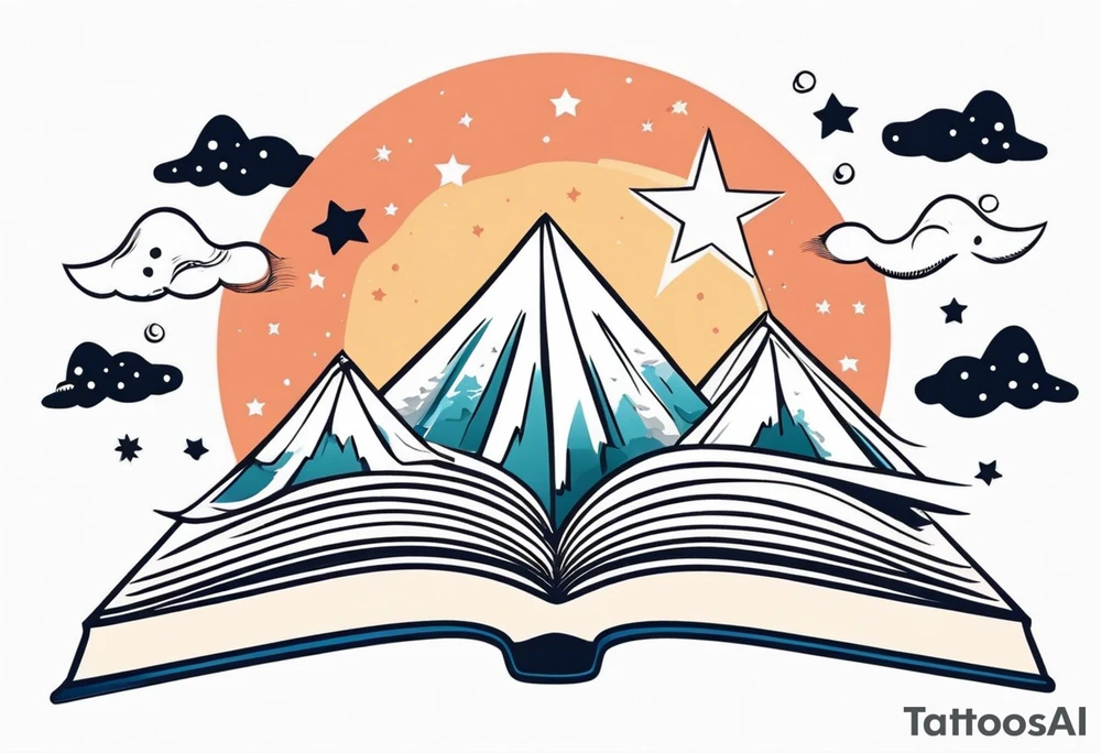 Open book with stars and mountains in a cartoon minimalistic design. Incorporate sushi rolls subtly tattoo idea