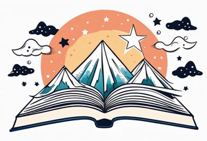 Open book with stars and mountains in a cartoon minimalistic design. Incorporate sushi rolls subtly tattoo idea