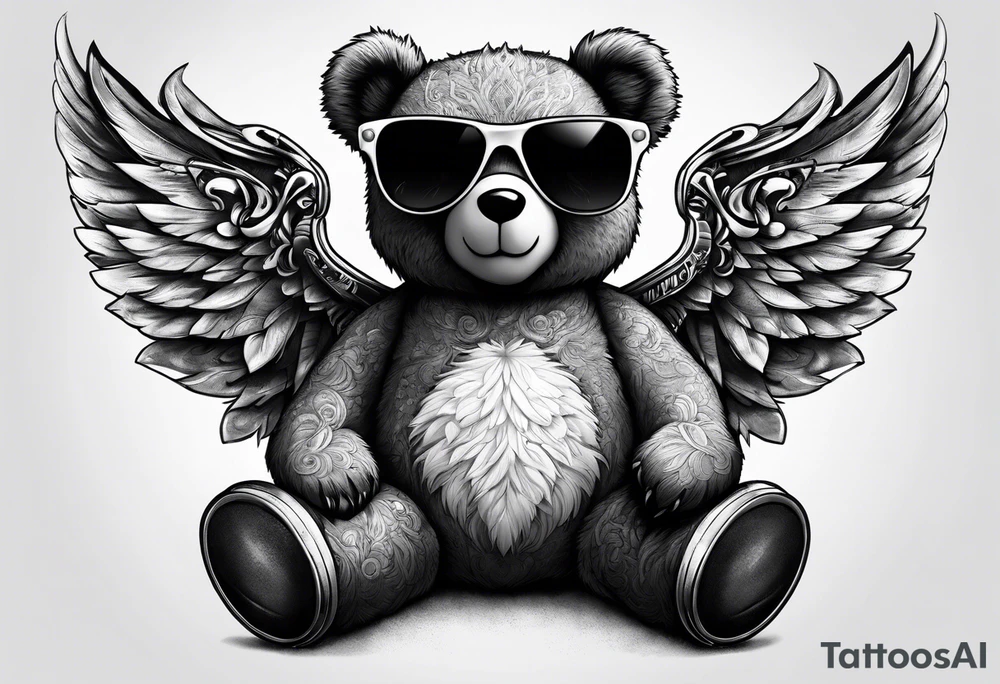 Teddy bear with wings wearing big sunglasses holding a tool tattoo idea