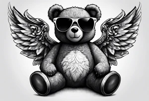 Teddy bear with wings wearing big sunglasses holding a tool tattoo idea