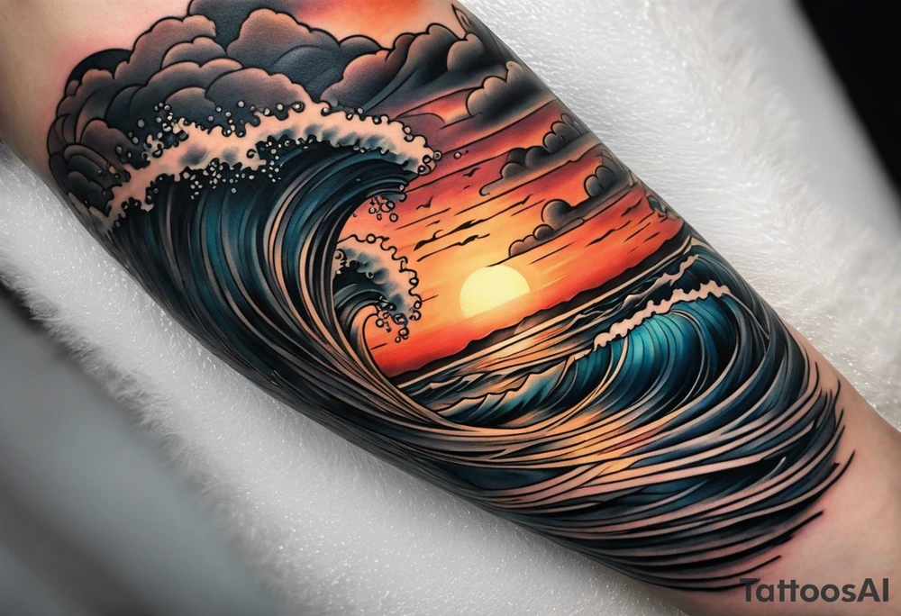 Tattoo on forearm from the perspective of being on the ocean at sunset. Water is calm, with very light waves, the sun is setting behind the ocean, reflecting light onto the ocean. tattoo idea