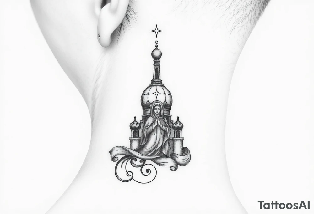 Flowing Scene

A single onion dome rising up toward the ear
Virgin Mary in prayer pose wrapping around the lower neck curve
A small eagle or just the star tucked above the dome near the hairline tattoo idea