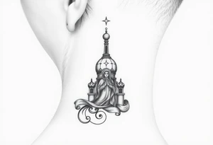 Flowing Scene

A single onion dome rising up toward the ear
Virgin Mary in prayer pose wrapping around the lower neck curve
A small eagle or just the star tucked above the dome near the hairline tattoo idea