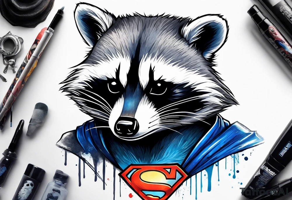 raccoon wearing a Superman t-shirt tattoo idea