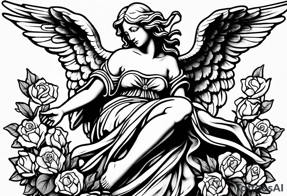Simple Angel statue stood on a rock with daffodils and roses wrapped around its legs tattoo idea