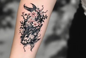 koi fish with a dragon 
with a sakura tree in the background, Japanese inspired piece tattoo idea