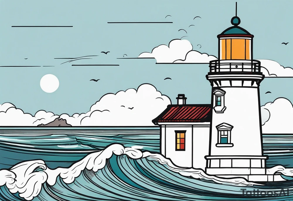 lighthouse very fine line, colored. also rough sea close to the lighthouse tattoo idea