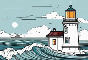 lighthouse very fine line, colored. also rough sea close to the lighthouse tattoo idea