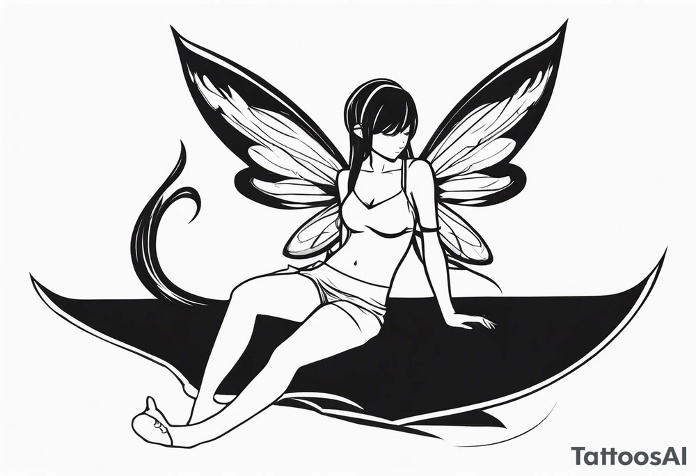 No color sideways sketch of a fairy with a tail inspired by the guild symbol in the anime show called Fairy Tail in a fetal position leaning forward while crawled in and her body is an angle while floating in the air with big wings tattoo idea