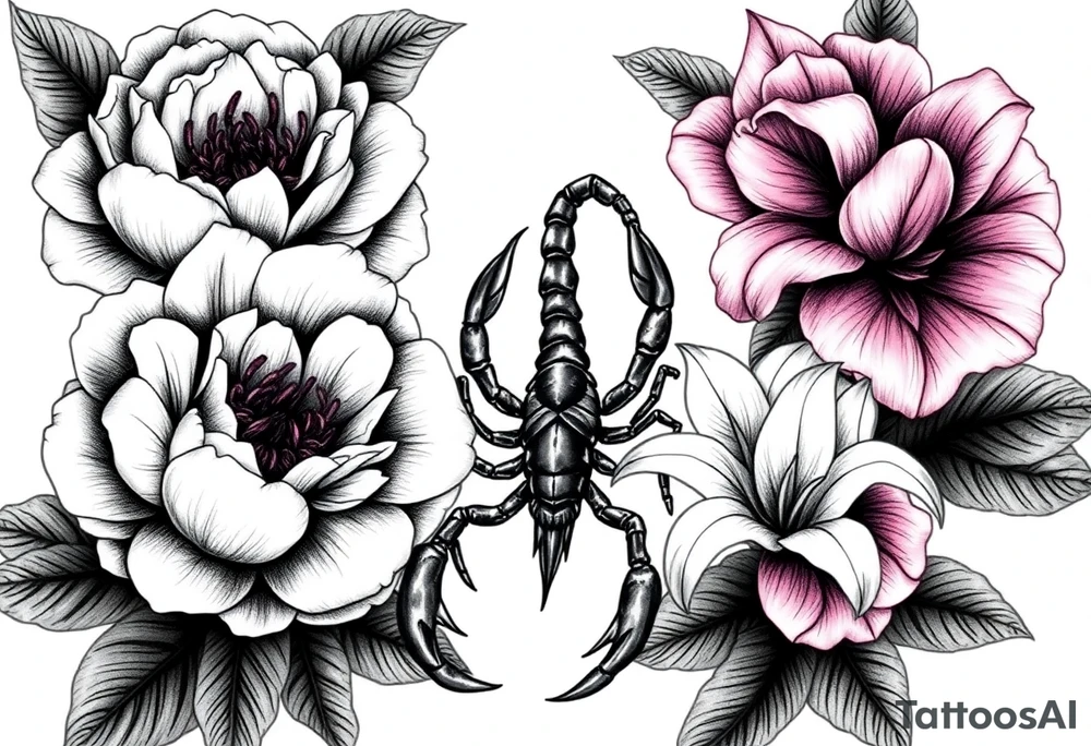 peonies and lilies with scorpion tattoo idea