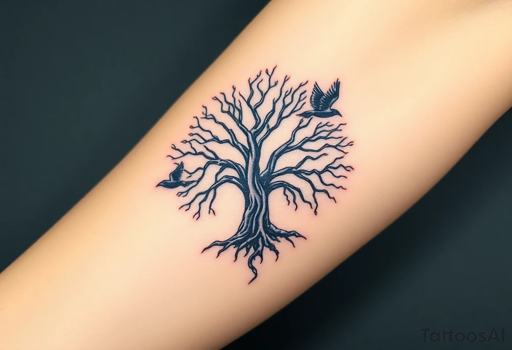 The Tree of Life, color infused, ravens flying around it, tattoo idea