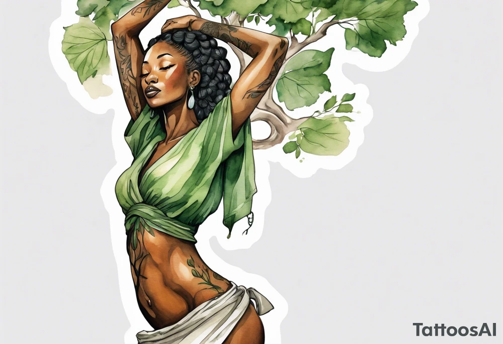 a tree trunk with roots that is a beautiful black woman from the waist up, arms reaching up to the sun, wearing a green tunic tattoo idea