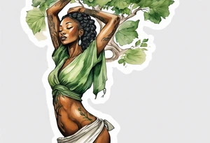 a tree trunk with roots that is a beautiful black woman from the waist up, arms reaching up to the sun, wearing a green tunic tattoo idea