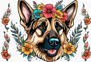 Sable haired German shepherd portrait brightly colored with flowers tattoo idea