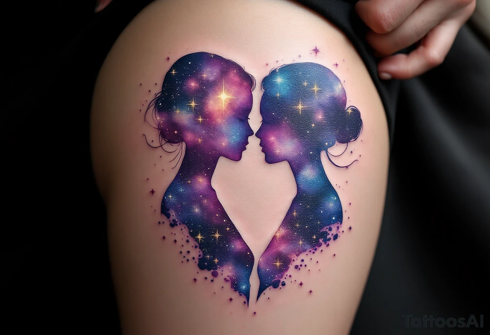 A galaxy-filled silhouette of twin figures, blending purples, blues, and glowing stardust effects. tattoo idea
