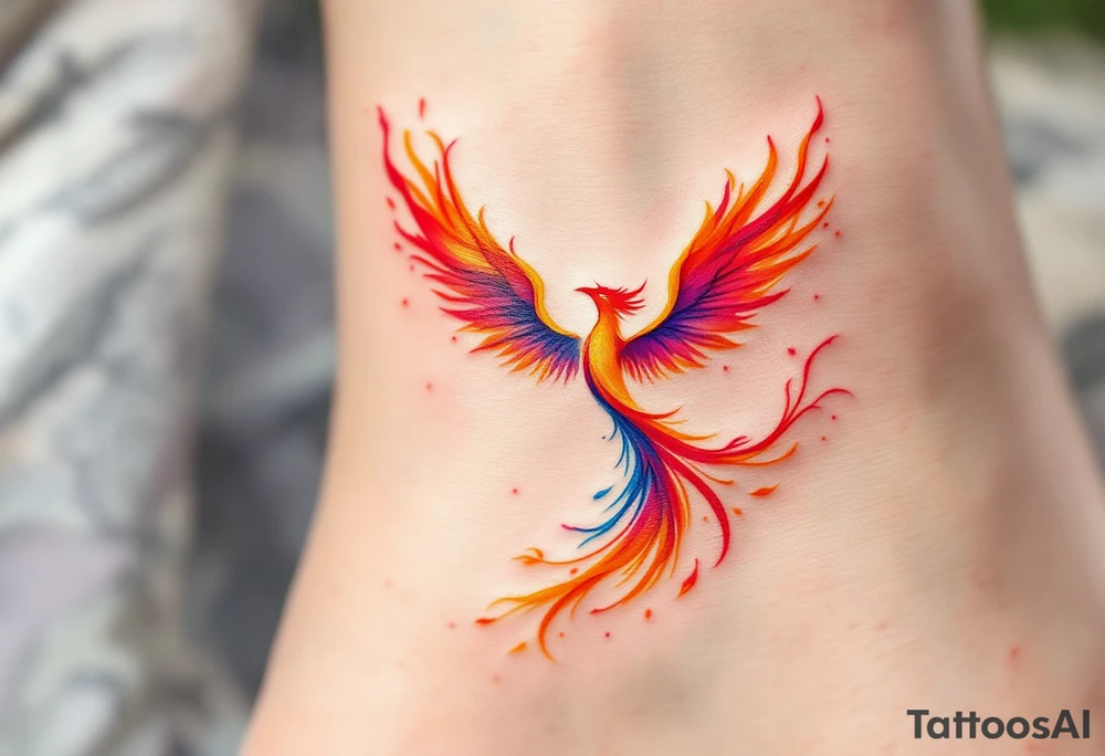 A phoenix rising from the flames in an infinity shape, colored in fiery red, orange, and gold, symbolizing rebirth. tattoo idea