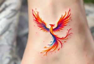 A phoenix rising from the flames in an infinity shape, colored in fiery red, orange, and gold, symbolizing rebirth. tattoo idea