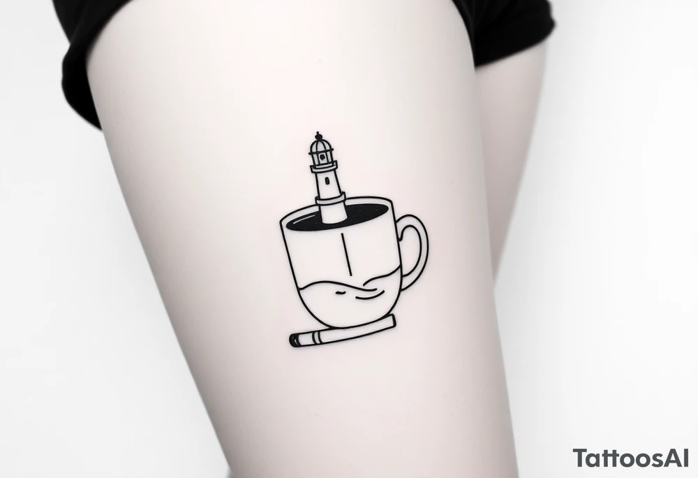 A mug of coffee
 with a picture of a 
 lighthouse on the the mug and a cigarette laying next to it tattoo idea