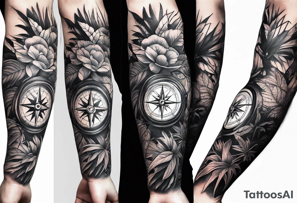 full arm sleeve tattoo with jungle plants, compass, eye tattoo idea