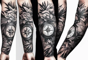 full arm sleeve tattoo with jungle plants, compass, eye tattoo idea