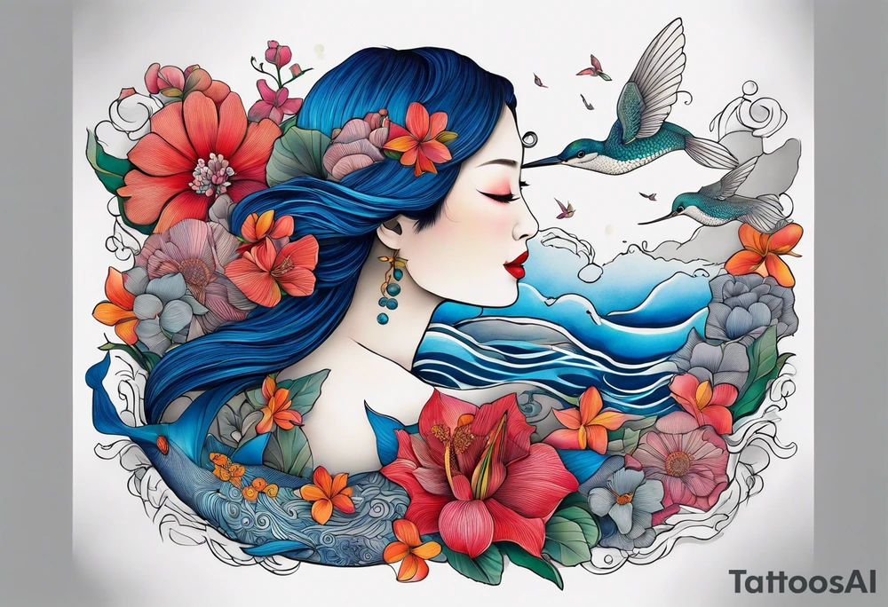 Surrealism, blue whale, hummingbird, gray lady face, flowers, bold color, collage tattoo idea