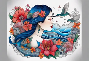 Surrealism, blue whale, hummingbird, gray lady face, flowers, bold color, collage tattoo idea