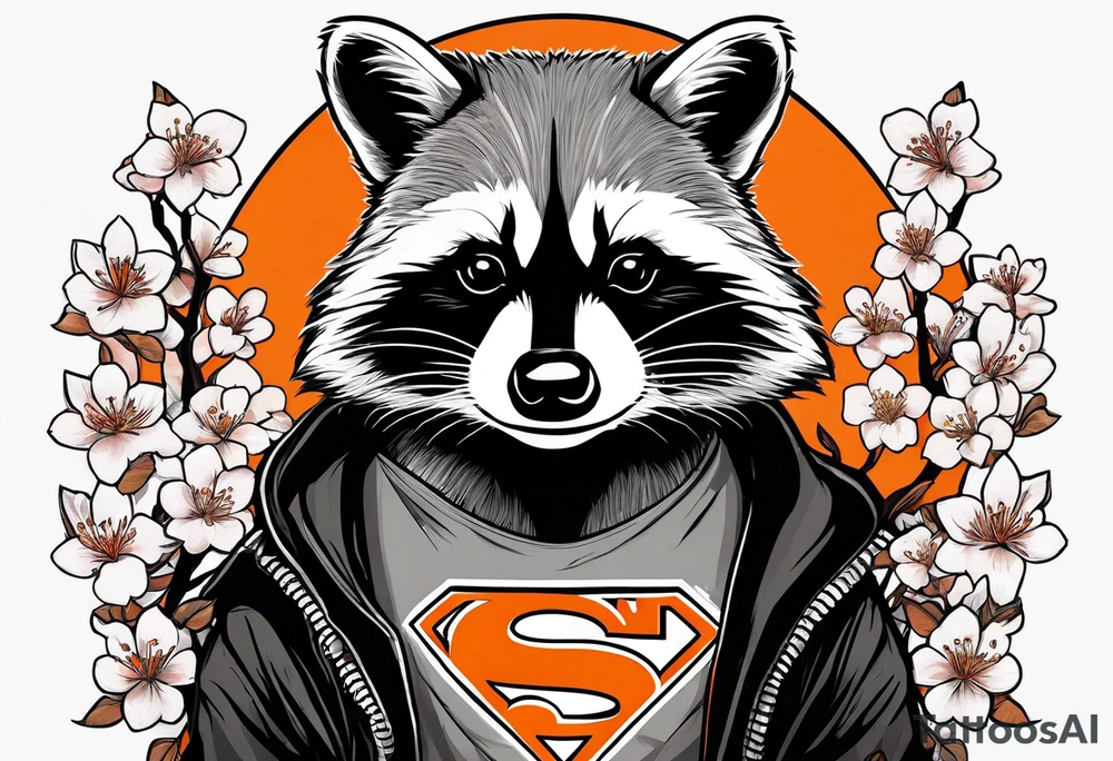 Raccoon wearing a white Superman logo on a black hoodie and orange Japanese cherry blossoms tattoo idea