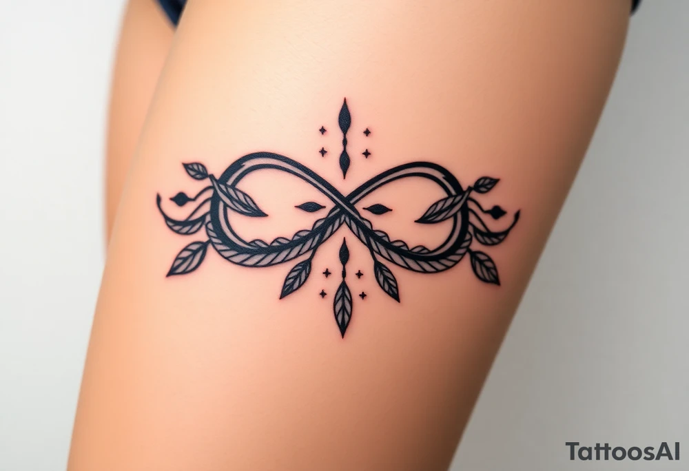 infinity symbol woven with floating feathers and stardust tattoo idea