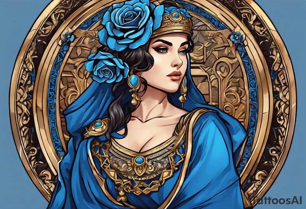 ancient rome clothes ,women,,ancient scale in one hand, blue rose frames, ladies justicia ,keeps  scale tattoo idea