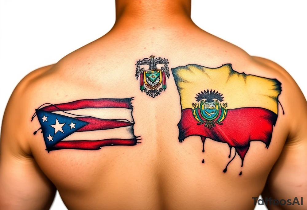 he representative elements of Puerto Rico and Ecuador, highlighting their flags, colors, and cultural symbols in a fluid and harmonious style. tattoo idea