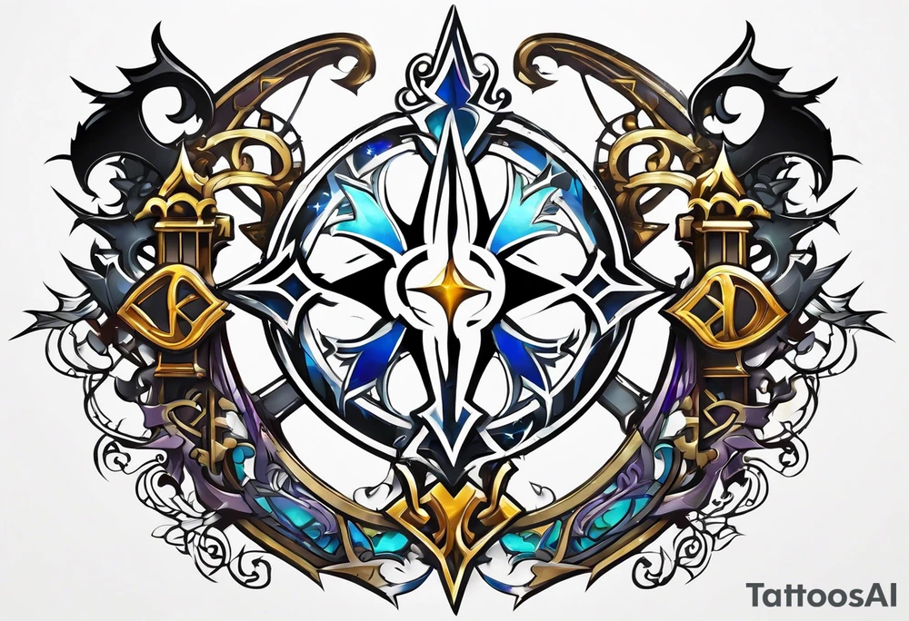 Kingdom Hearts symbol, keyblades, characters, worlds unite in intricate masterpiece. tattoo idea