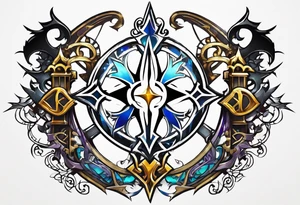 Kingdom Hearts symbol, keyblades, characters, worlds unite in intricate masterpiece. tattoo idea