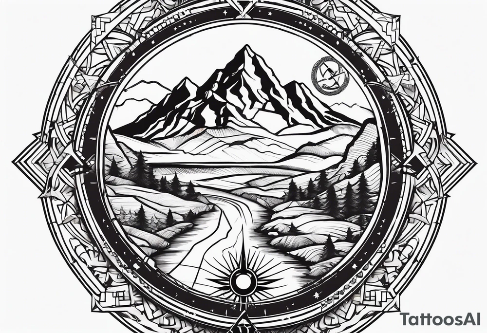 directional Compass rose, mountains and VW Komi campervan tattoo idea