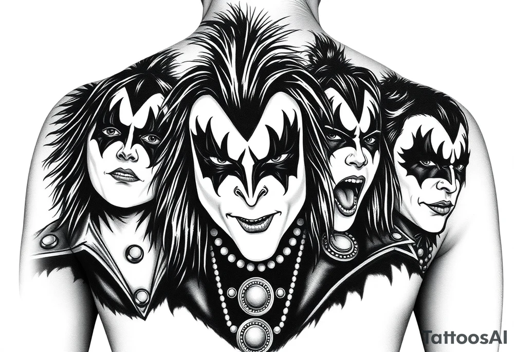 Create art for a sleeve tattoo. All four members of KISS but in the style of Pushead tattoo idea