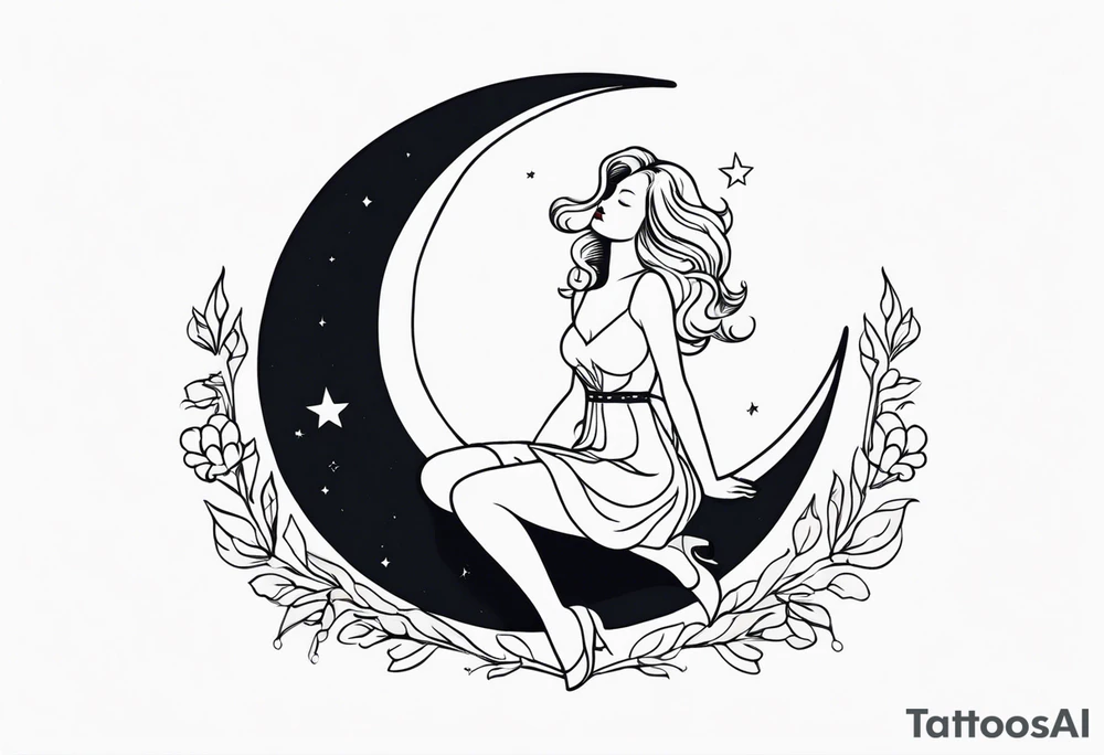 woman in dress with legs straddling a crescent moon tattoo idea