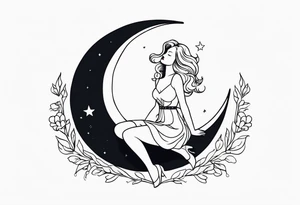 woman in dress with legs straddling a crescent moon tattoo idea