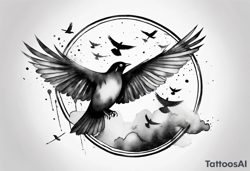 shoulder tattoo with light rays with birds flying free among the clouds, round shape, 3d effect tattoo idea