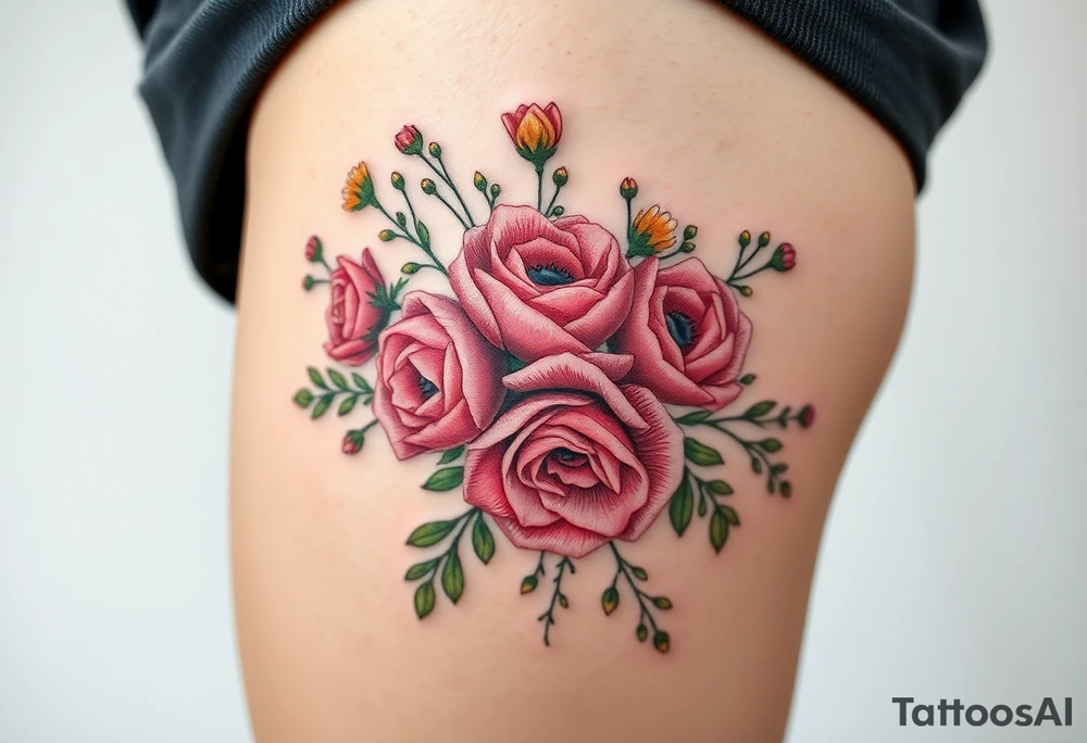 vintage bouquet of wild roses and meadow flowers with morning dew tattoo idea