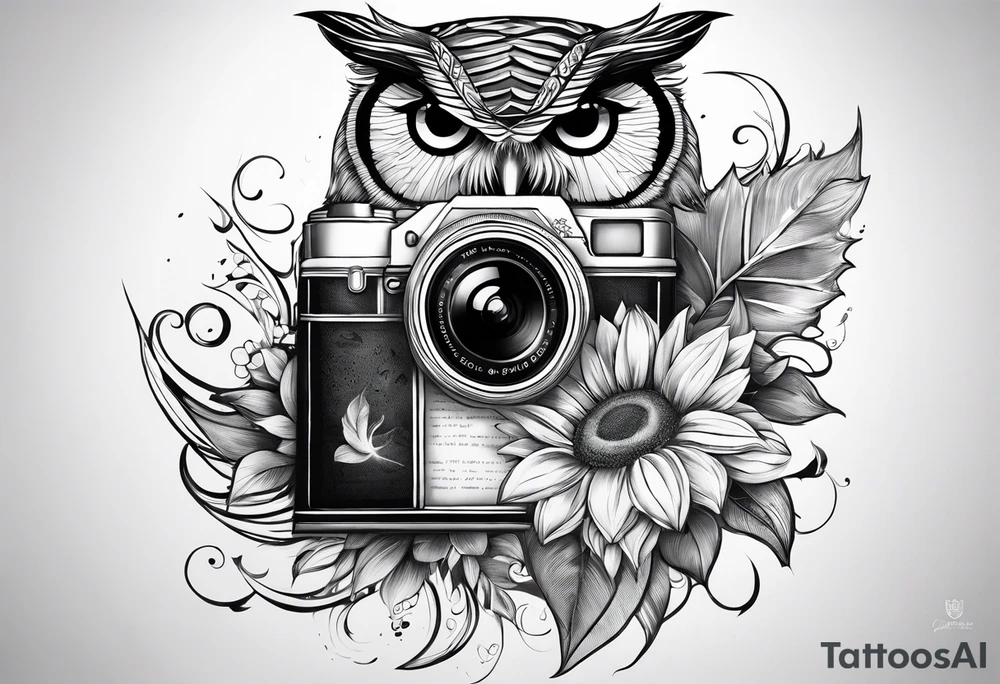 sunflower, camera, water wave, owl, book tattoo idea