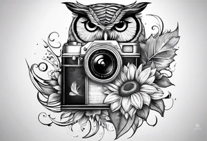 sunflower, camera, water wave, owl, book tattoo idea