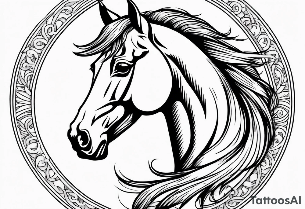 tough mustang bust in circle tattoo idea