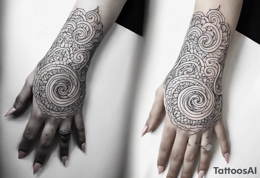 Swirls and whirls of lace covering fingers and forearm tattoo idea