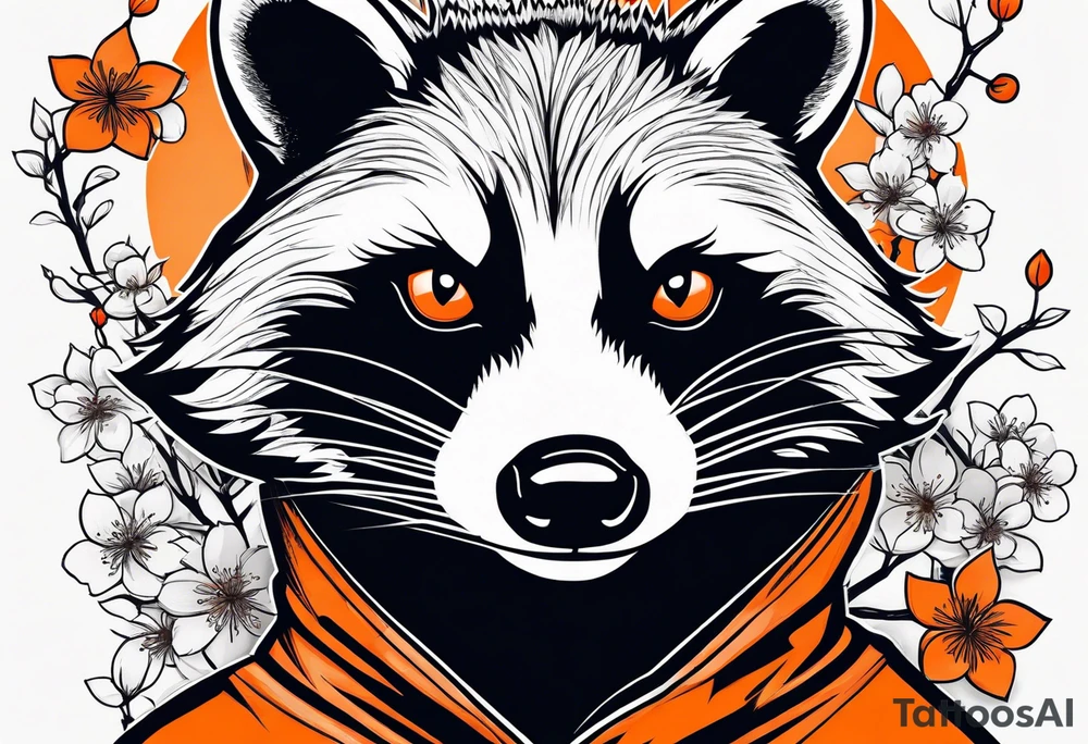 Raccoon wearing a white Superman logo on a black hoodie and orange Japanese cherry blossoms tattoo idea