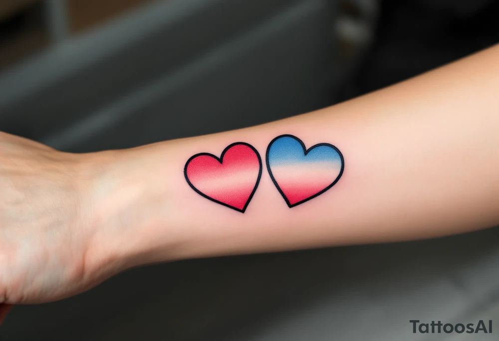 Matching black outline hearts filled with half red and half blue gradient, representing individuality and connection. tattoo idea