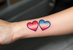 Matching black outline hearts filled with half red and half blue gradient, representing individuality and connection. tattoo idea