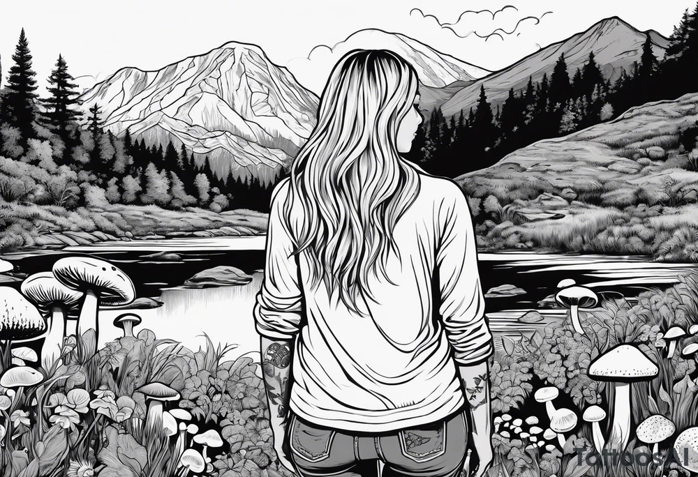 Whole picture encircled fully

Straight long blonde hair hippie girl in distance holding mushrooms in hand facing away toward mountains and creek surrounded by mushrooms long sleeve shirt and hiking pants; whole rendering within a full circle, no cut off circle tattoo idea
