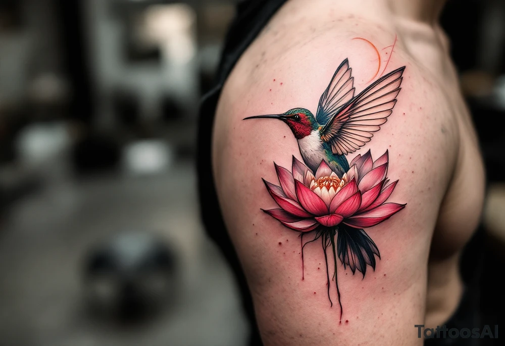 A hummingbird drinking from a lotus flower with one wing made of light (sun disc) and the other made of shadow (crescent moon) (red and black only) tattoo idea