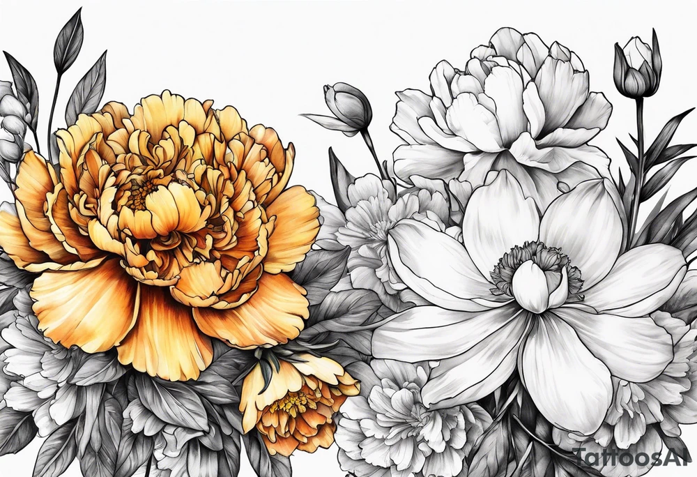 marigold, peony, and narcissus side by side tattoo idea marigold, peony, and narcissus side by side tattoo idea