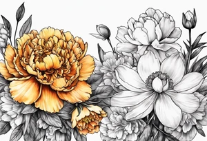marigold, peony, and narcissus side by side tattoo idea