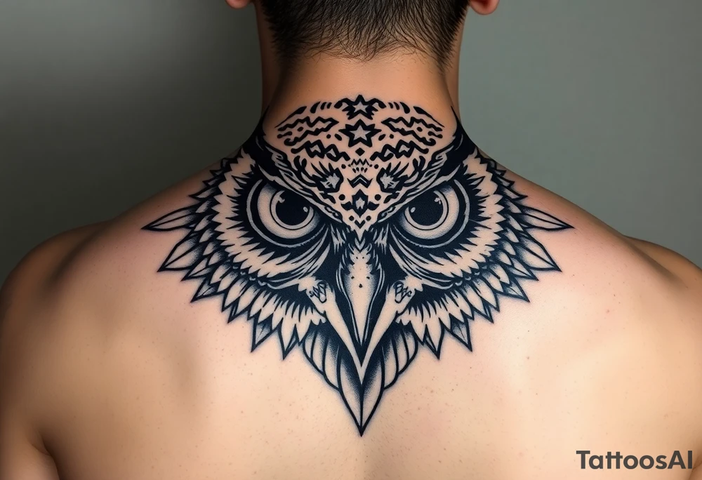 Owl head with large intense tripping on acid colored eyes with cyberpunk style tattoo idea